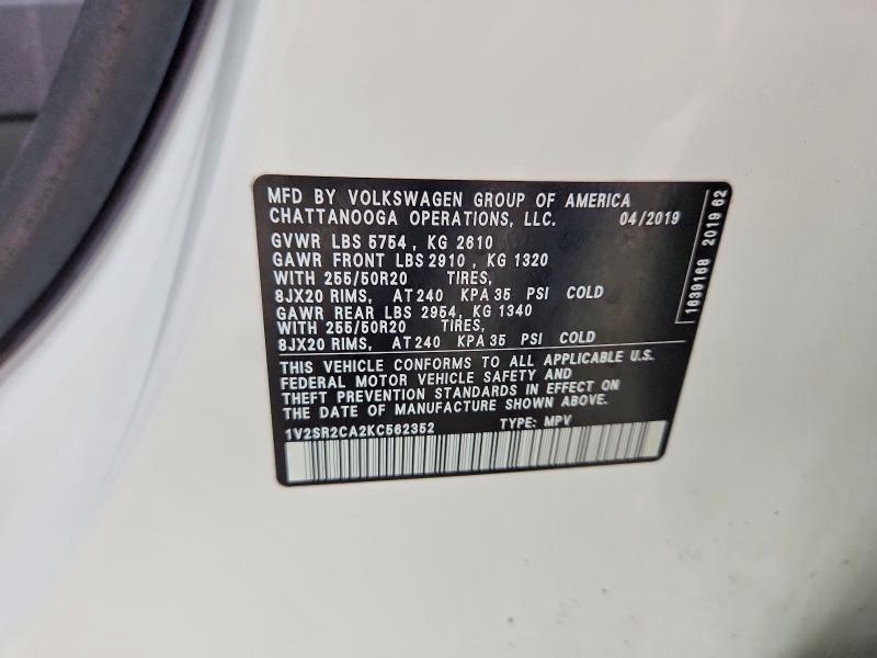 2019 Volkswagen Atlas მანქანა იყიდება აუქციონზე, vin: 1V2SR2CA2KC562352, აუქციონის ნომერი: 77808805