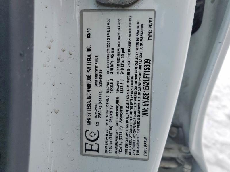 Продажа на аукционе авто 2020 Tesla Model 3, vin: 5YJ3E1EA2LF715809, номер лота: 78685155