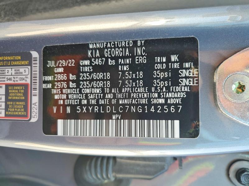 77380995 :رقم المزاد ، 5XYRLDLC7NG142567 vin ، 2022 Kia Sorento مزاد بيع