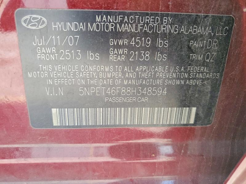 2008 Hyundai Sonata მანქანა იყიდება აუქციონზე, vin: 5NPET46F88H348594, აუქციონის ნომერი: 78628165
