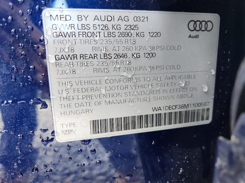 2021 Audi Q3 მანქანა იყიდება აუქციონზე, vin: WA1DECF38M1100587, აუქციონის ნომერი: 78486495