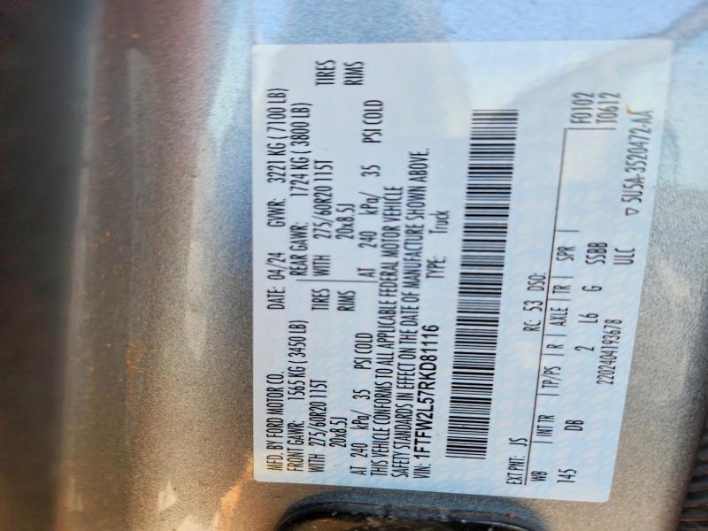 Aukcja sprzedaży 2024 Ford F150, vin: 1FTFW2L57RKD81116, numer aukcji: 77167495