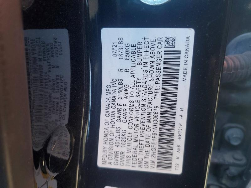 77220465 :رقم المزاد ، 2HGFE1F91NH306619 vin ، 2022 Honda Civic مزاد بيع