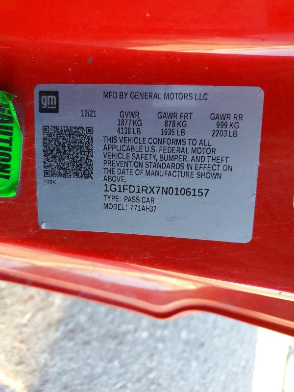 76273105 :رقم المزاد ، 1G1FD1RX7N0106157 vin ، 2022 Chevrolet Camaro مزاد بيع