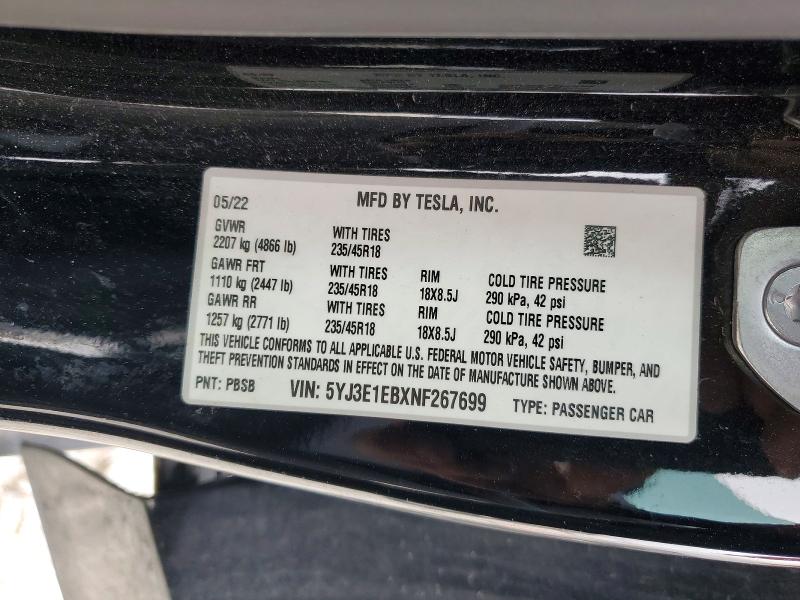 78398895 :رقم المزاد ، 5YJ3E1EBXNF267699 vin ، 2022 Tesla Model 3 مزاد بيع