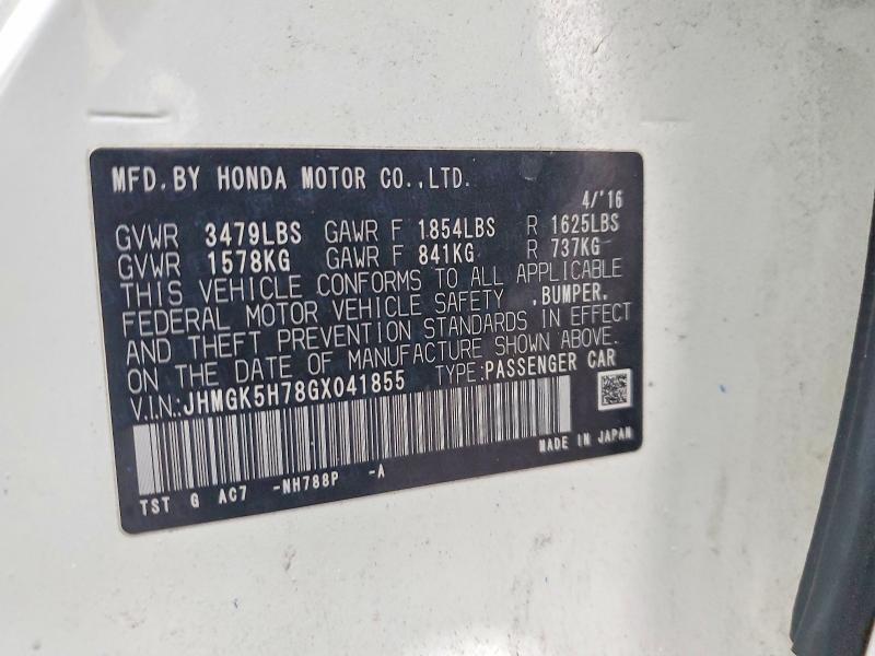 2016 Honda Fit მანქანა იყიდება აუქციონზე, vin: JHMGK5H78GX041855, აუქციონის ნომერი: 77697975