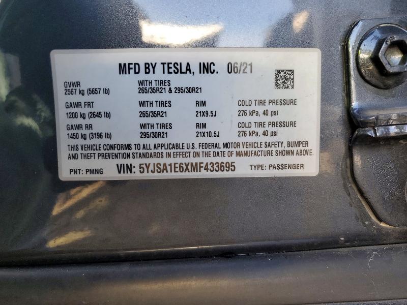 75874885 :رقم المزاد ، 5YJSA1E6XMF433695 vin ، 2021 Tesla Model S مزاد بيع