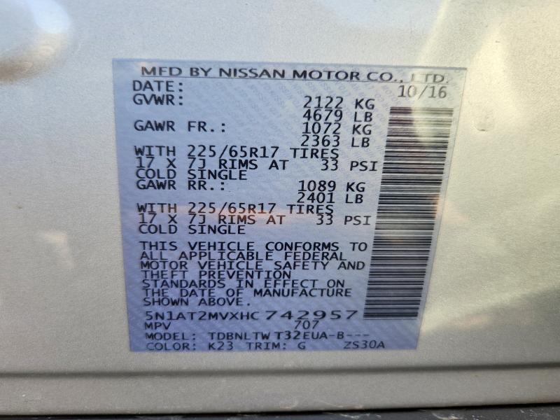 2017 Nissan Rogue მანქანა იყიდება აუქციონზე, vin: 5N1AT2MVXHC742957, აუქციონის ნომერი: 76912295