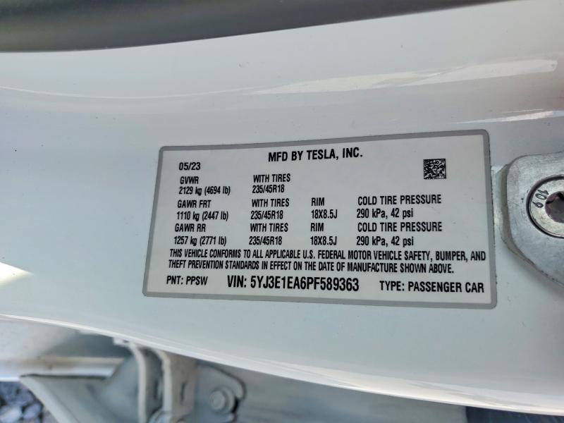 Продаж на аукціоні авто 2023 Tesla Model 3, vin: 5YJ3E1EA6PF589363, номер лоту: 78908675