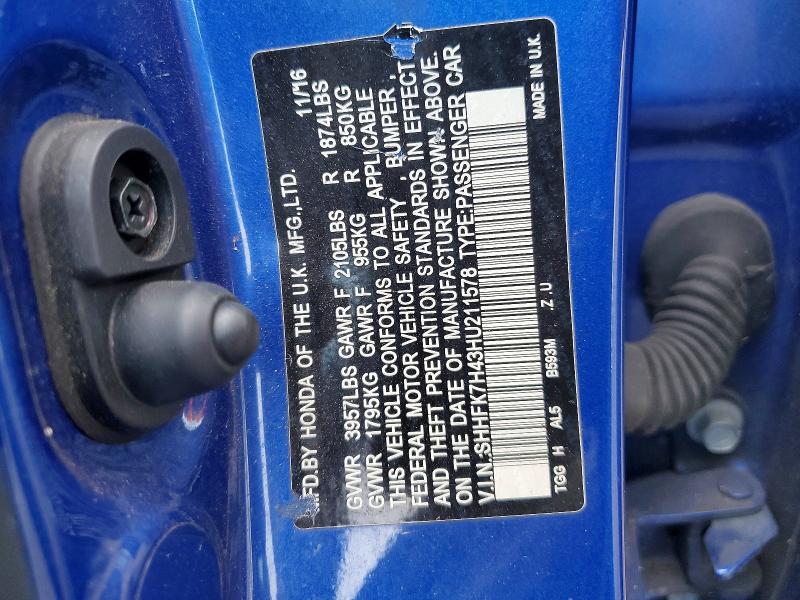 Продажа на аукционе авто 2017 Honda Civic, vin: SHHFK7H43HU211578, номер лота: 75923885