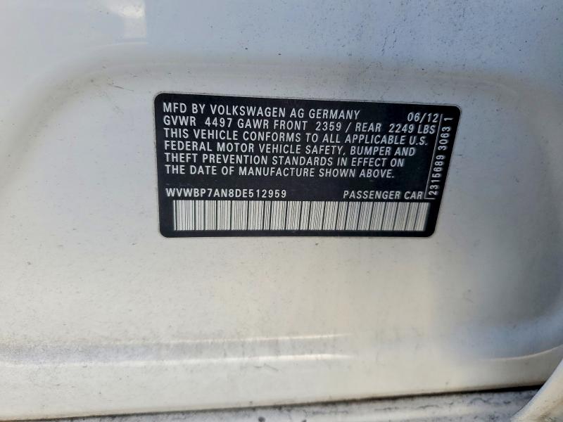 75160855 :رقم المزاد ، WVWBP7AN8DE512959 vin ، 2013 Volkswagen Cc مزاد بيع
