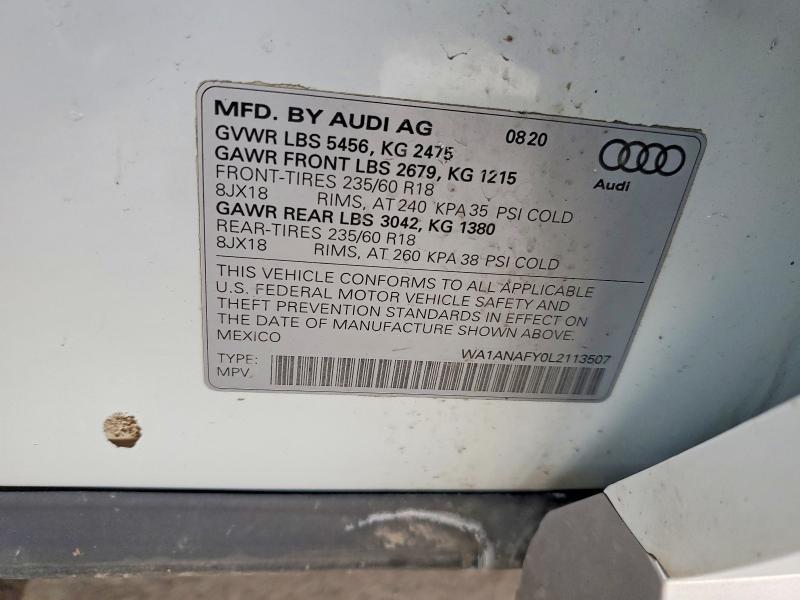2020 Audi Q5 მანქანა იყიდება აუქციონზე, vin: WA1ANAFY0L2113507, აუქციონის ნომერი: 76056955