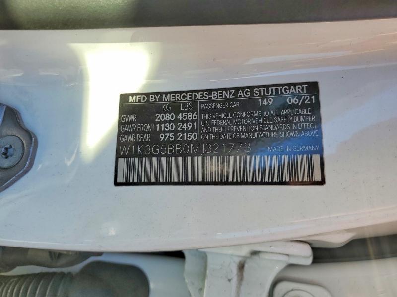 2021 Mercedes-benz A მანქანა იყიდება აუქციონზე, vin: W1K3G5BB0MJ321773, აუქციონის ნომერი: 78684765