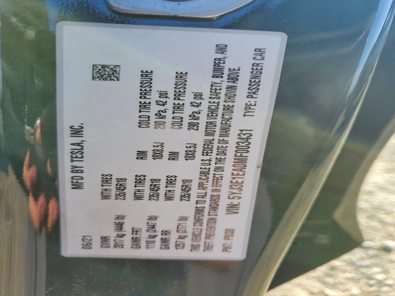 2021 Tesla Model 3 მანქანა იყიდება აუქციონზე, vin: 5YJ3E1EA0MF003431, აუქციონის ნომერი: 75709115