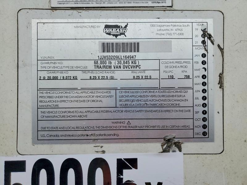 Aukcja sprzedaży 2020 Wabash 53'trailer, vin: 1JJV532D9LL164947, numer aukcji: 78850095