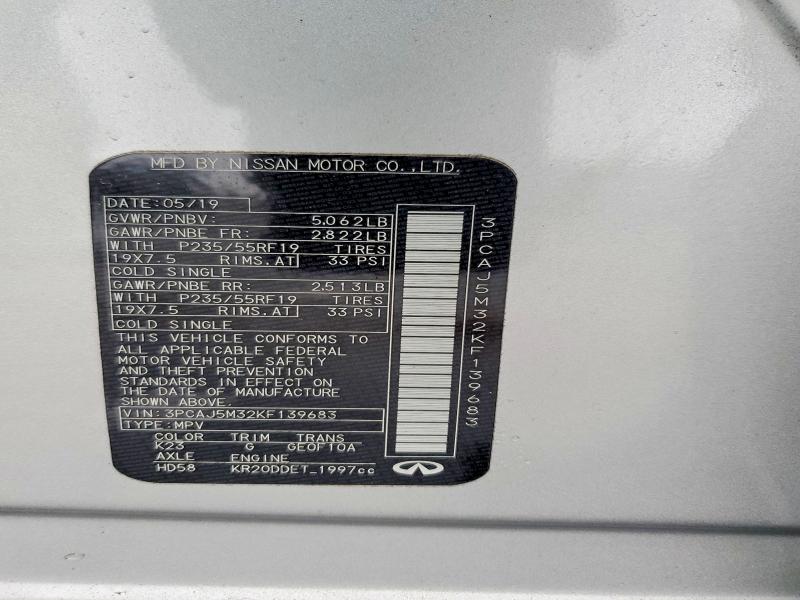78119305 :رقم المزاد ، 3PCAJ5M32KF139683 vin ، 2019 Infiniti Qx50 مزاد بيع