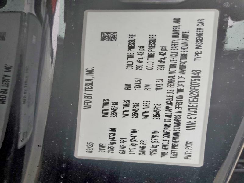 Продаж на аукціоні авто 2025 Tesla Model 3, vin: 5YJ3E1EA2SF075048, номер лоту: 78054165