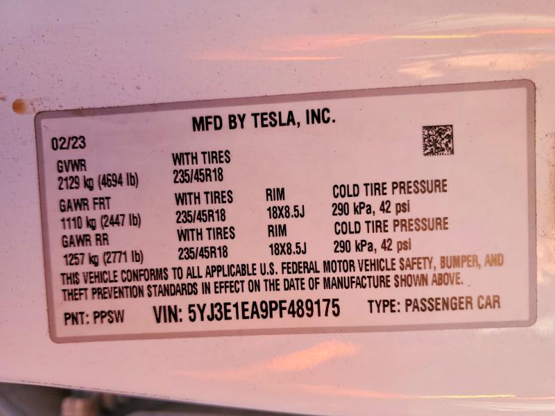 Auction sale of the 2023 Tesla Model 3, vin: 5YJ3E1EA9PF489175, lot number: 78365885