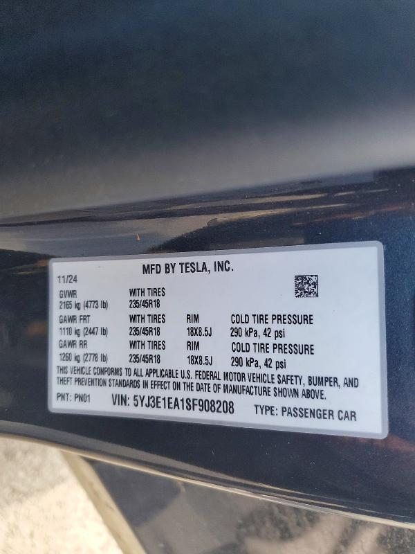Aukcja sprzedaży 2025 Tesla Model 3, vin: 5YJ3E1EA1SF908208, numer aukcji: 76131685