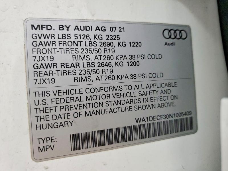 Aukcja sprzedaży 2022 Audi Q3, vin: WA1DECF30N1005409, numer aukcji: 78102765