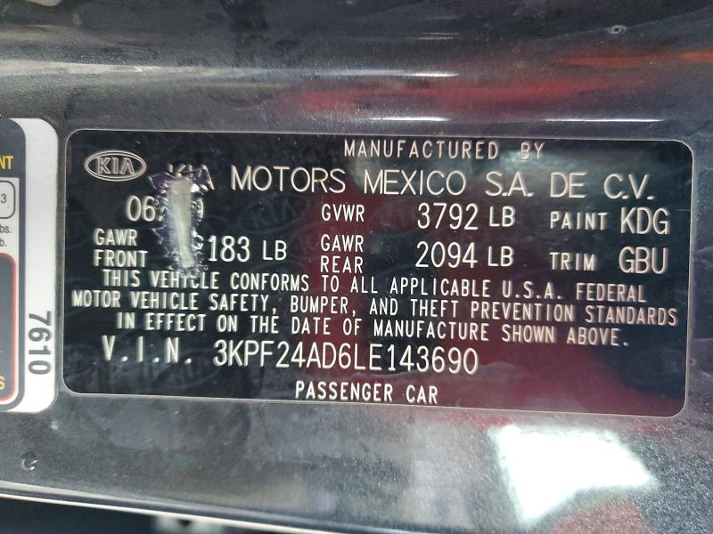 76285785 :رقم المزاد ، 3KPF24AD6LE143690 vin ، 2020 Kia Forte مزاد بيع