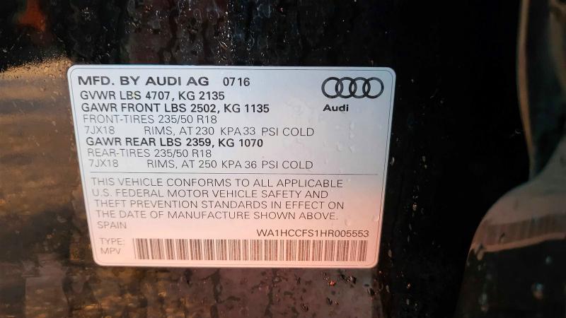 2017 Audi Q3 Premium მანქანა იყიდება აუქციონზე, vin: WA1HCCFS1HR005553, აუქციონის ნომერი: 78093595