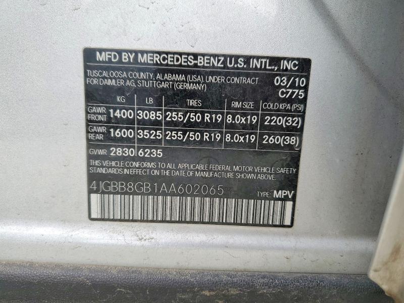 Продажа на аукционе авто 2010 Mercedes-benz Ml, vin: 4JGBB8GB1AA602065, номер лота: 75844075