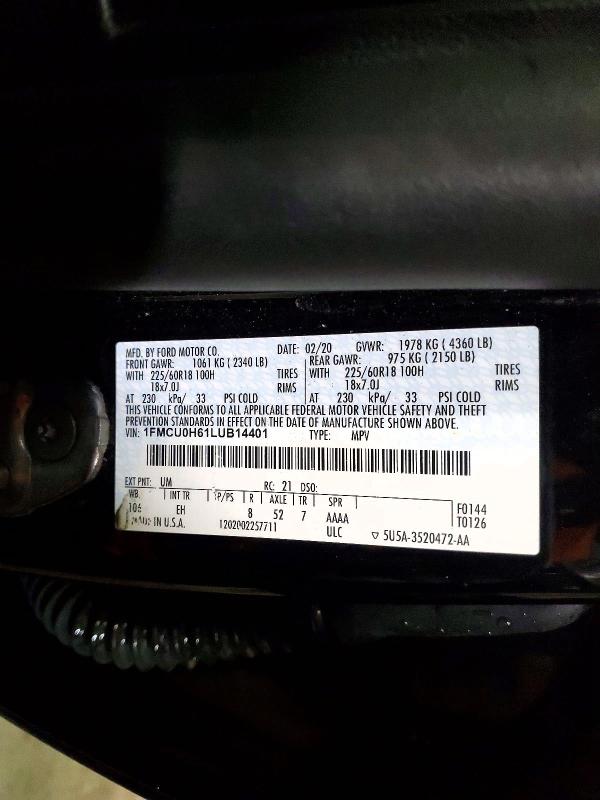 78417185 :رقم المزاد ، 1FMCU0H61LUB14401 vin ، 2020 Ford Escape مزاد بيع