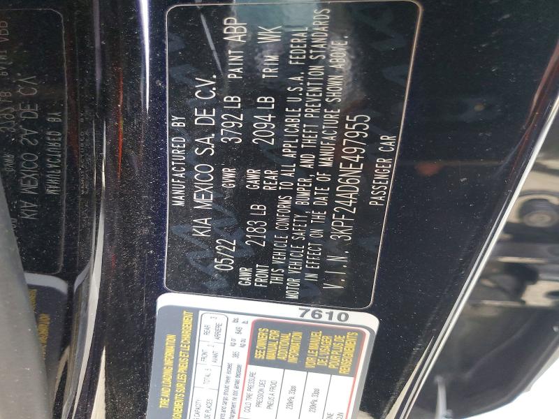78537295 :رقم المزاد ، 3KPF24AD6NE497955 vin ، 2022 Kia Forte مزاد بيع