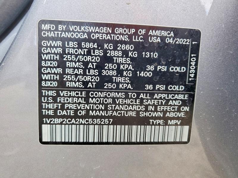 Aukcja sprzedaży 2022 Volkswagen Atlas, vin: 1V2BP2CA2NC535257, numer aukcji: 77101415