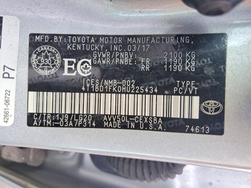 Продажа на аукционе авто 2017 Toyota Camry, vin: 4T1BD1FK0HU225434, номер лота: 76522455