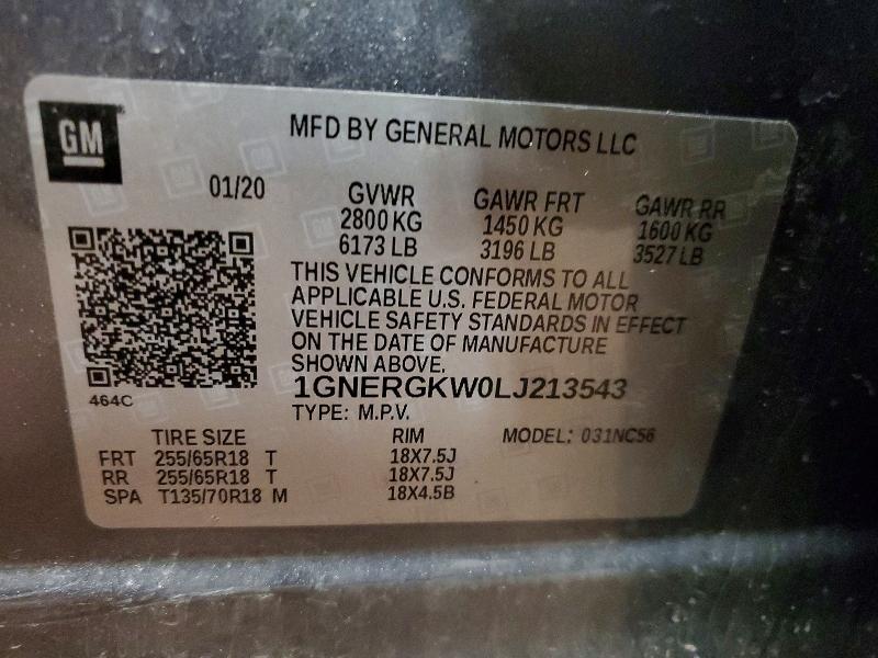 76911875 :رقم المزاد ، 1GNERGKW0LJ213543 vin ، 2020 Chevrolet Traverse مزاد بيع