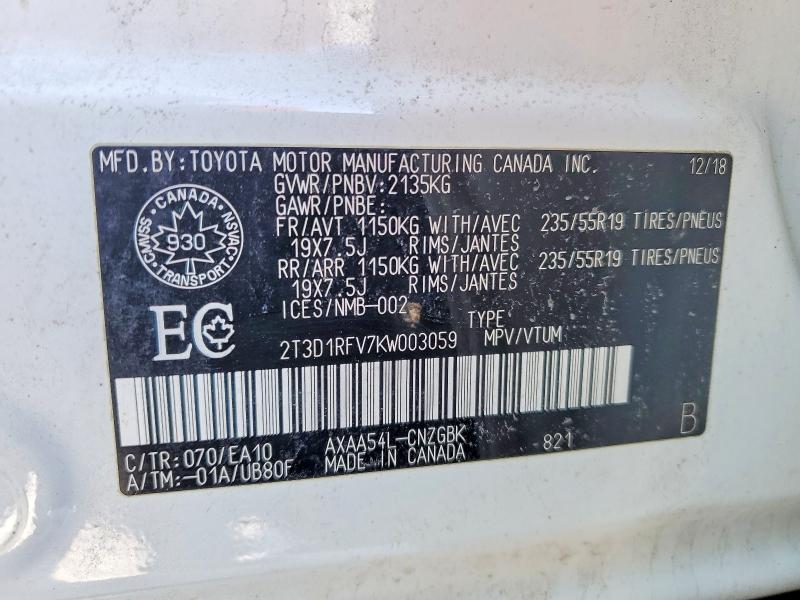 2019 Toyota Rav4 მანქანა იყიდება აუქციონზე, vin: 2T3D1RFV7KW003059, აუქციონის ნომერი: 75711475