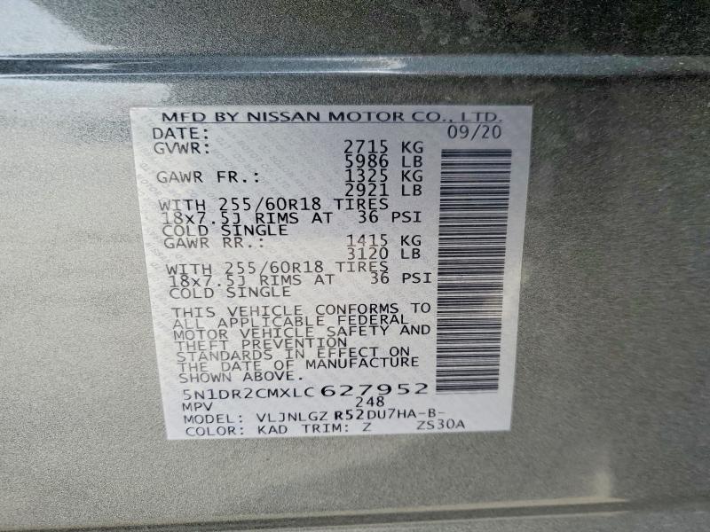 76137965 :رقم المزاد ، 5N1DR2CMXLC627952 vin ، 2020 Nissan Pathfinder مزاد بيع