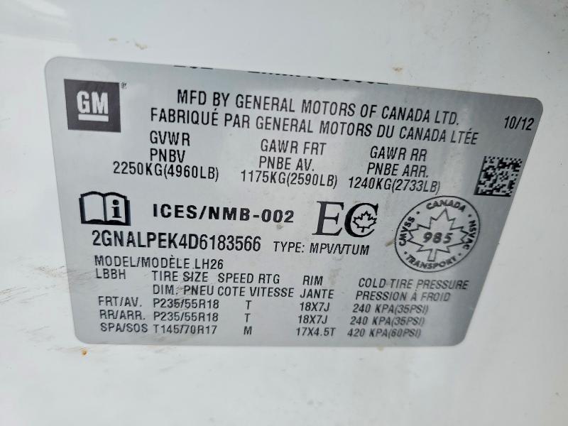 76070385 :رقم المزاد ، 2GNALPEK4D6183566 vin ، 2013 Chevrolet Equinox مزاد بيع