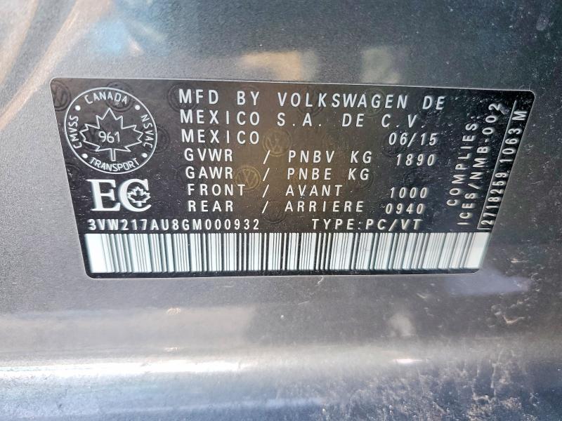 79415525 :رقم المزاد ، 3VW217AU8GM000932 vin ، 2016 Volkswagen Golf مزاد بيع