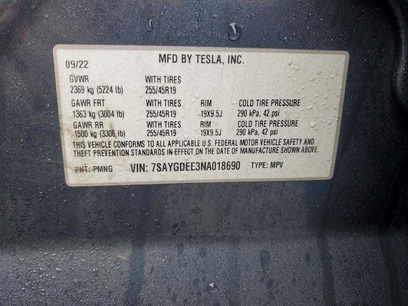 77738625 :رقم المزاد ، 7SAYGDEE3NA018690 vin ، 2022 Tesla Model Y مزاد بيع