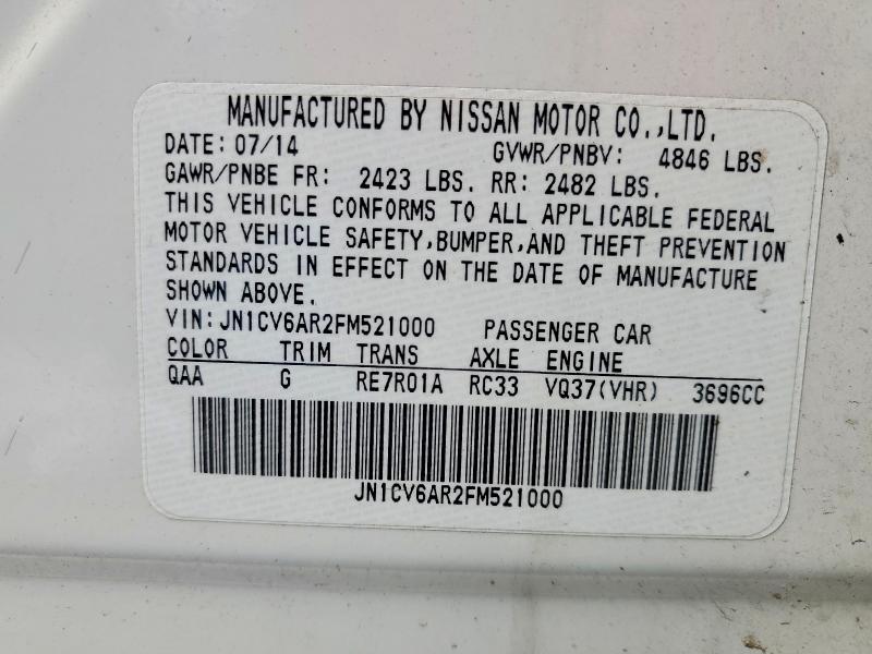 76364495 :رقم المزاد ، JN1CV6AR2FM521000 vin ، 2015 Infiniti Q40 مزاد بيع