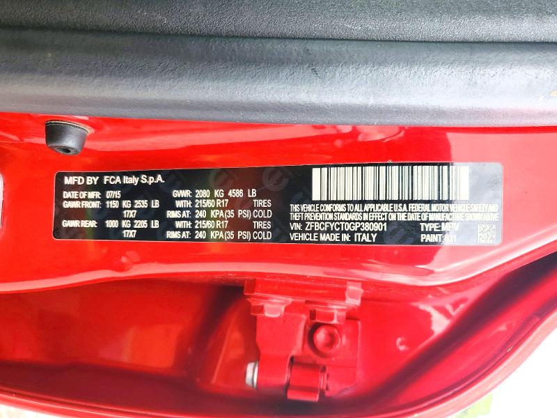 76132445 :رقم المزاد ، ZFBCFYCT0GP380901 vin ، 2016 Fiat 500x مزاد بيع