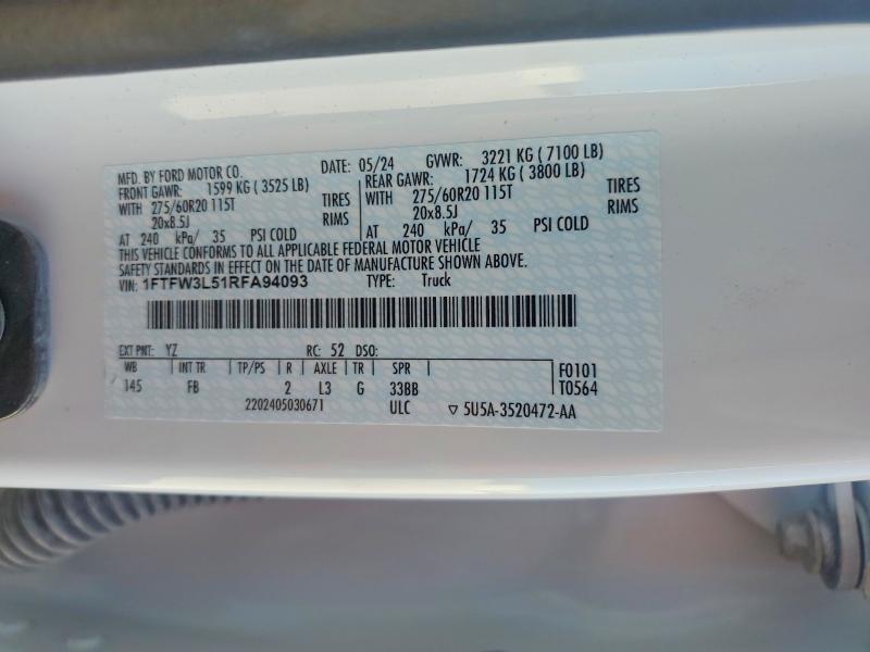 2024 Ford F150 მანქანა იყიდება აუქციონზე, vin: 1FTFW3L51RFA94093, აუქციონის ნომერი: 76720825