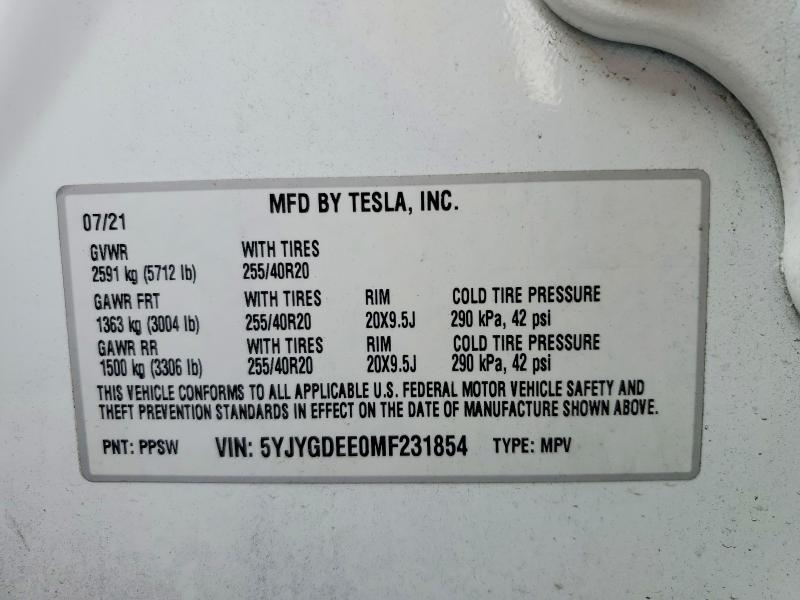 76266975 :رقم المزاد ، 5YJYGDEE0MF231854 vin ، 2021 Tesla Model Y مزاد بيع