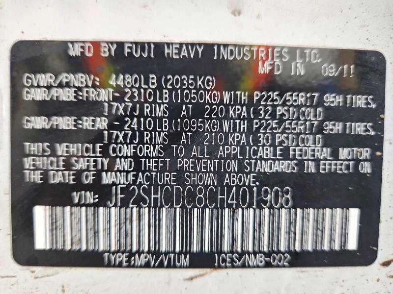 2012 Subaru Forester მანქანა იყიდება აუქციონზე, vin: JF2SHCDC8CH401908, აუქციონის ნომერი: 75337435