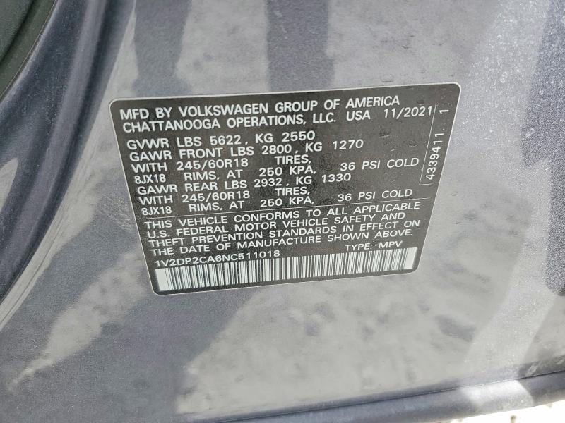 78882495 :رقم المزاد ، 1V2DP2CA6NC511018 vin ، 2022 Volkswagen Atlas مزاد بيع