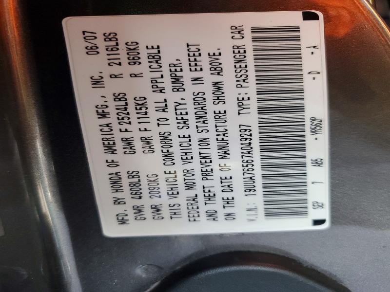 Aukcja sprzedaży 2007 Acura Tl, vin: 19UUA76567A049297, numer aukcji: 78076525