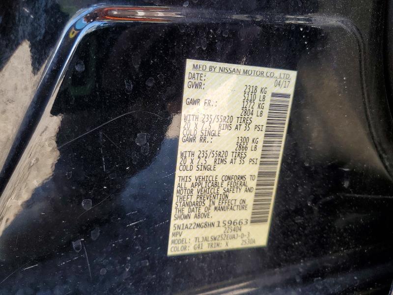 2017 Nissan Murano მანქანა იყიდება აუქციონზე, vin: 5N1AZ2MG8HN159663, აუქციონის ნომერი: 79225265