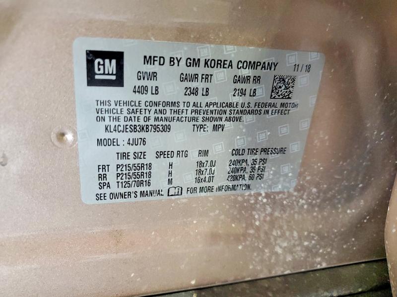 2019 Buick Encore მანქანა იყიდება აუქციონზე, vin: KL4CJESB3KB795309, აუქციონის ნომერი: 78320015