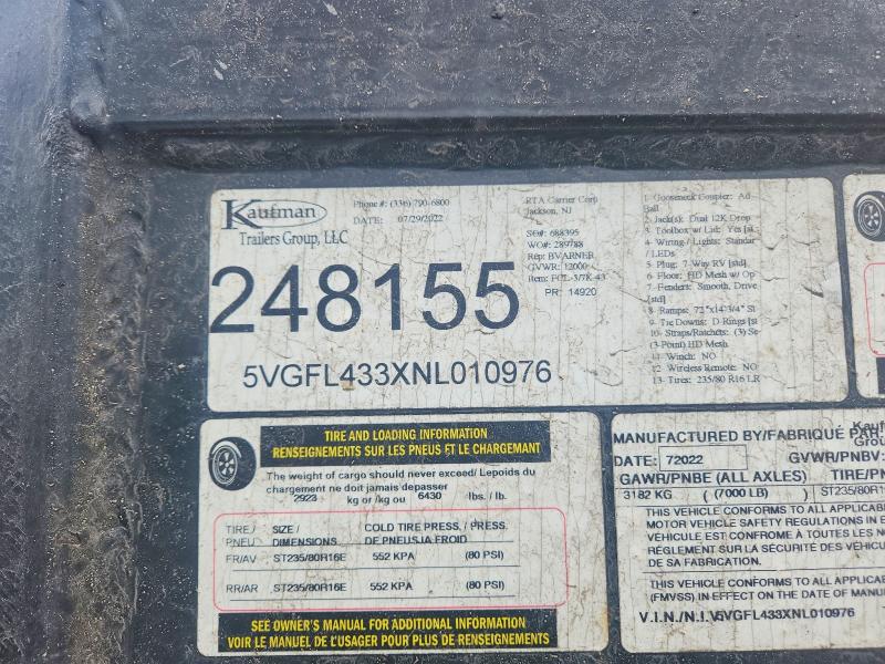 Продажа на аукционе авто 2022 Kaufman Cartrailer, vin: 5VGFL433XNL010976, номер лота: 48974296
