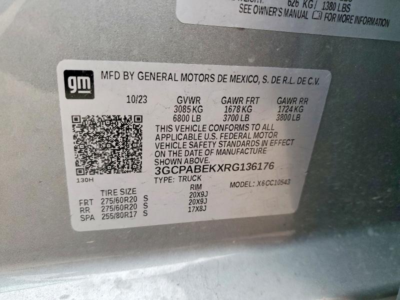 2024 Chevrolet Silverado მანქანა იყიდება აუქციონზე, vin: 3GCPABEKXRG136176, აუქციონის ნომერი: 76810285