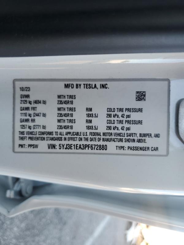 Продаж на аукціоні авто 2023 Tesla Model 3, vin: 5YJ3E1EA3PF672880, номер лоту: 72787715