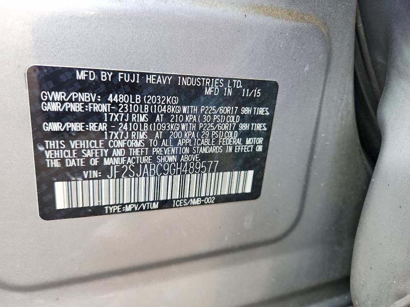 76478175 :رقم المزاد ، JF2SJABC9GH489577 vin ، 2016 Subaru Forester مزاد بيع